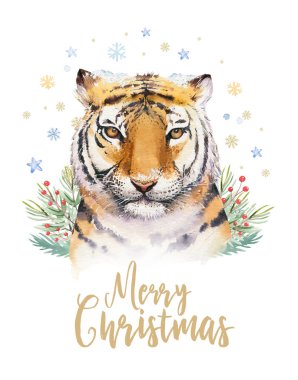 Neşeli Noel suluboya ile yazı sevimli çizgi suluboya eğlenceli Sibirya kaplanı illüstrasyon izole. El çizimi yılbaşı tatil tebrik posteri.