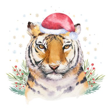 Neşeli Noel suluboya ile yazı sevimli çizgi suluboya eğlenceli Sibirya kaplanı illüstrasyon izole. El çizimi yılbaşı tatil tebrik posteri.