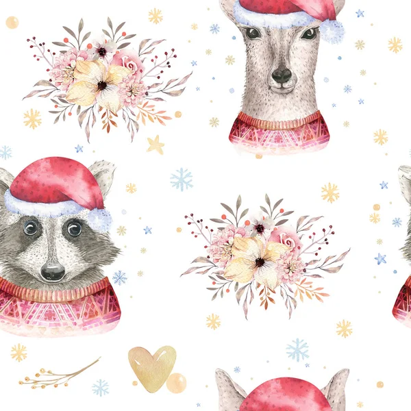 Bir set Noel Ormanı Şirin Orman karikatür geyiği ve sevimli rakun hayvan karakteri. Yeni yıl çiçekleri, buketler, böğürtlenler, çiçekler, kar ve kar taneleri, harfler.
