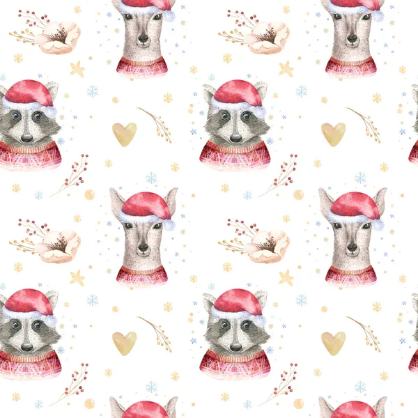 Set Christmas Woodland Cute Forest Cartoon Deer Cute Raccoon Animal — 스톡 사진