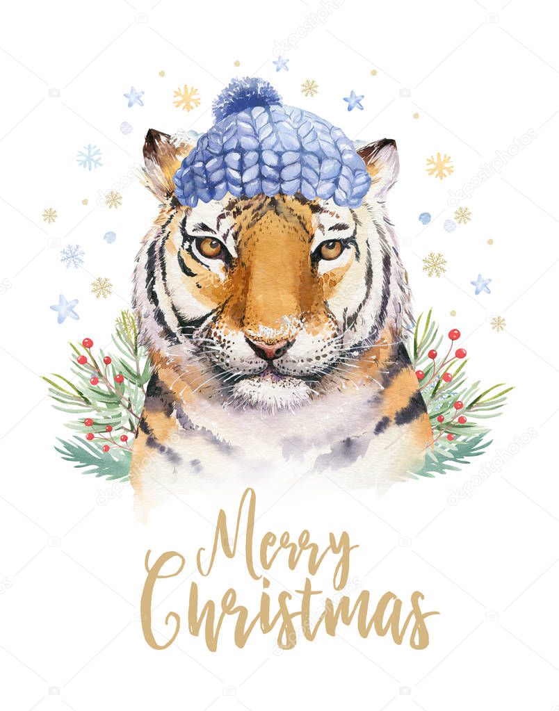 Merry Christmas watercolor lettering with isolated cute cartoon watercolor fun Siberian tiger illustration. Hand drawing new year holiday greeting poster.