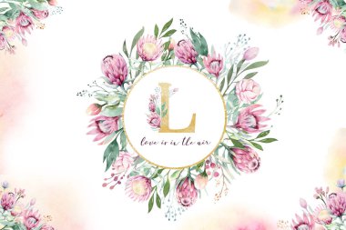 El çizim izole suluboya çiçek illüstrasyon protea ile gül, yapraklar, dallar ve çiçekler. Bohem altın kristal çerçeve. Düğün kartı tebrik kiþiselleþtirmek için.