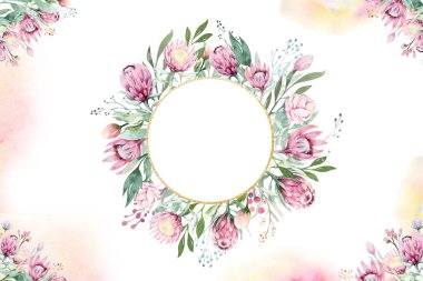 El çizim izole suluboya çiçek illüstrasyon protea ile gül, yapraklar, dallar ve çiçekler. Bohem altın kristal çerçeve. Düğün kartı tebrik kiþiselleþtirmek için.