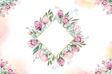 El çizim izole suluboya çiçek illüstrasyon protea ile gül, yapraklar, dallar ve çiçekler. Bohem altın kristal çerçeve. Düğün kartı tebrik kiþiselleþtirmek için.