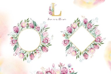 El çizim izole suluboya çiçek illüstrasyon protea ile gül, yapraklar, dallar ve çiçekler. Bohem altın kristal çerçeve. Düğün kartı tebrik kiþiselleþtirmek için.