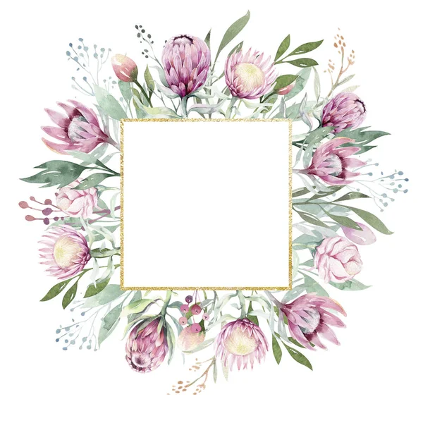 El çizim izole suluboya çiçek illüstrasyon protea ile gül, yapraklar, dallar ve çiçekler. Bohem altın kristal çerçeve. Düğün kartı tebrik kiþiselleþtirmek için.