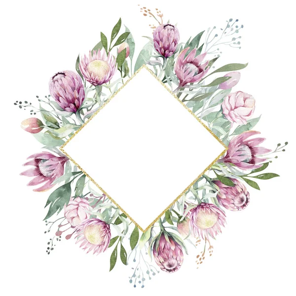 El çizim izole suluboya çiçek illüstrasyon protea ile gül, yapraklar, dallar ve çiçekler. Bohem altın kristal çerçeve. Düğün kartı tebrik kiþiselleþtirmek için.