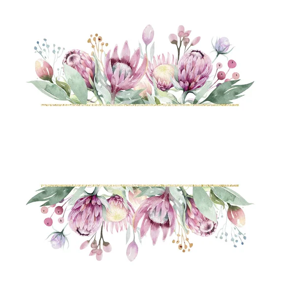 Hand Ritning Isolerade Akvarell Blommig Illustration Med Protea Ros Blad — Stockfoto