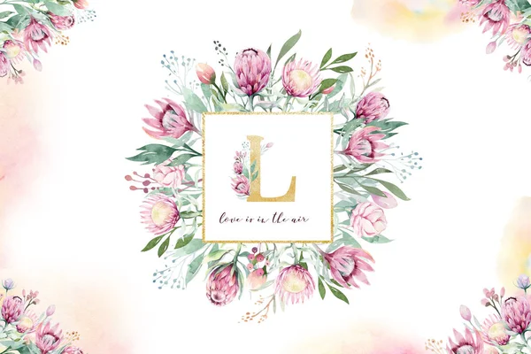 Handzeichnung Isolierter Aquarell Floraler Illustration Mit Protea Rose Blättern Zweigen — Stockfoto