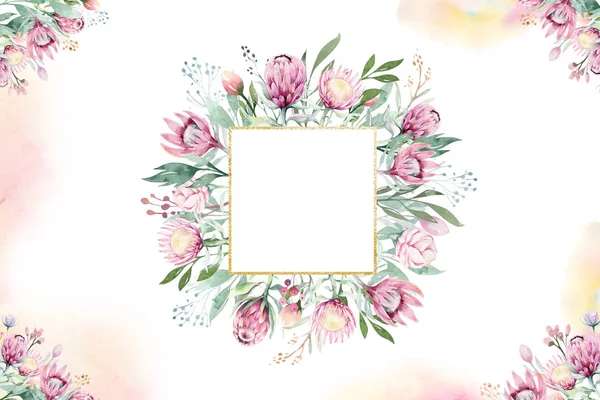 Handzeichnung Isolierter Aquarell Floraler Illustration Mit Protea Rose Blättern Zweigen — Stockfoto