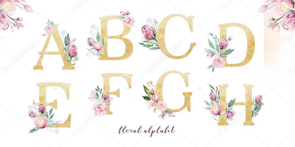 Gold glitter letter alphabet. Isolated Golden alphabetic fonts and numbers on white background. Floral wedding font typeset illustration