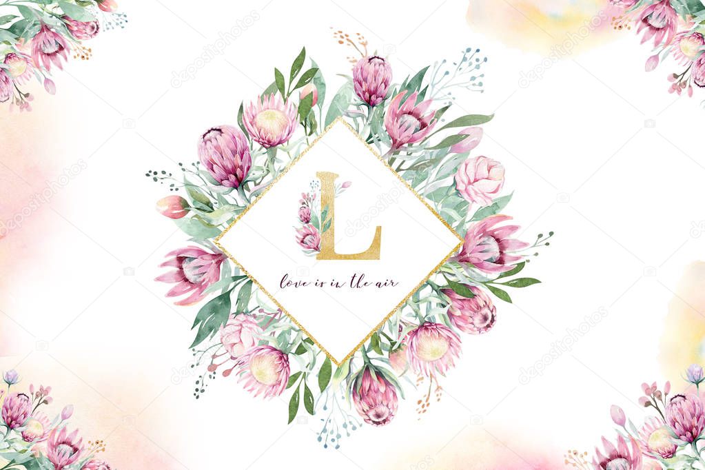 Hand drawing isolated watercolor floral illustration with protea rose, leaves, branches and flowers. Bohemian gold crystal frame. Elements for greeting wedding card.