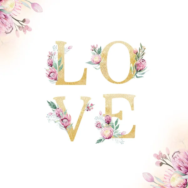 金光字母表 隔离的黄金字母字体和白色背景上的数字 花卉婚礼字体排版插图 — 图库照片