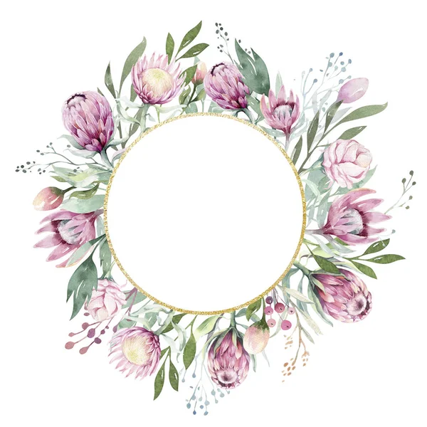 手绘分离水彩花卉插图与普罗蒂亚玫瑰 树枝和花朵 波希米亚金色水晶框架 结婚贺卡的要点 — 图库照片