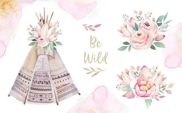 Aquarela Colorido Conjunto Étnico Setas Teepee Flores Estilo Nativo Americano — Fotografia de Stock