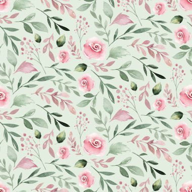 Sulu boya Dikişsiz el ile çiçek yaprak ve pembe çiçekler çiçek desenli resimli. Suluboya boho bahar duvar kağıdı botanik arka plan Tekstil