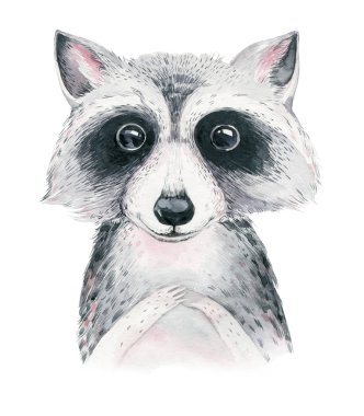 Suluboya karikatür izole şirin bebek rakun hayvan çiçekli. Orman fidanlık ormanlık illüstrasyon. Bohem boho için kreş poster, desen çizim