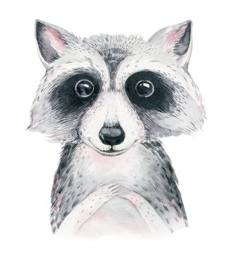 Watercolor cartoon isolated cute baby raccoon animal with flowers. Forest nursery woodland illustration. Bohemian boho drawing for nursery poster, patterns