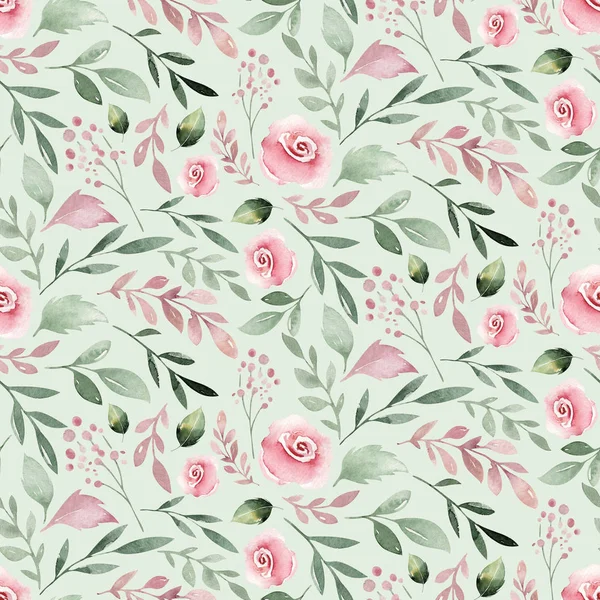 Aquarell nahtlose Hand illustriert Blumenmuster mit floralen Blatt und rosa Blumen. Aquarell Boho Frühling Tapete botanischen Hintergrund Textil — Stockfoto