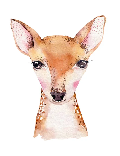 Akvarell Skog Tecknad Isolerade Söt Baby Deer Djur Med Blommor — Stockfoto