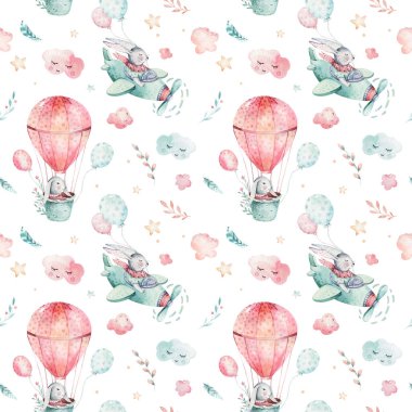 Şirin Paskalya bebeği tavşan suluboya bahar Illustration. Tavşan karikatür hayvan seamless modeli ile balon