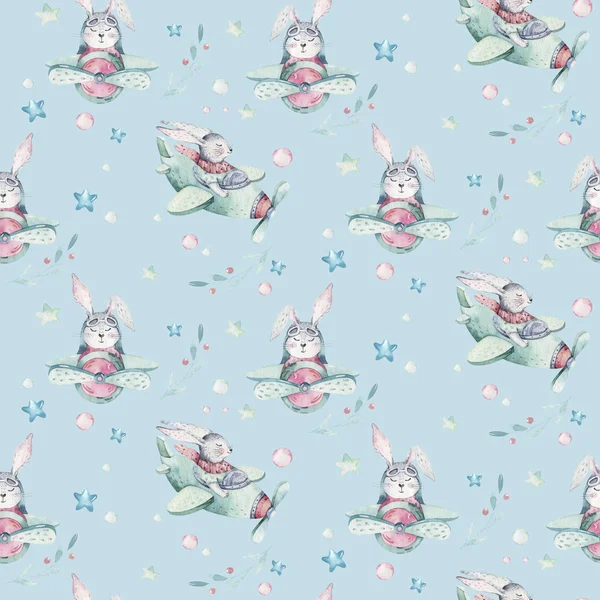 Çizimi Şirin Paskalya Pilot Bunny Suluboya Karikatür Bunnies Uçak Gökyüzü — Stok fotoğraf