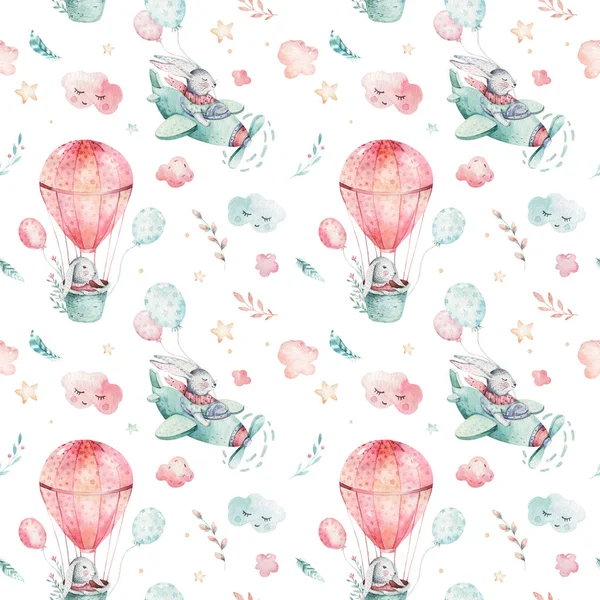 A watercolor spring illustration of the cute easter baby bunny. Rabbit cartoon animal seamless pattern with balloon