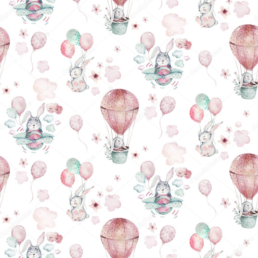 Hand drawing fly cute easter pilot bunny watercolor cartoon bunnies with airplane and balloon in the sky textile pattern. Turquoise watercolour textile illustration