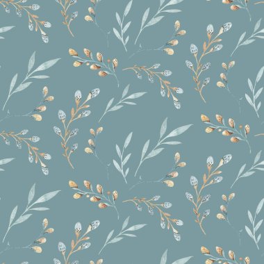 Bahar willow çiçek ve yaprakları ile Seamless modeli. Kukum şube ile Paskalya elle çizilmiş arka plan. çiçek desenli duvar kağıdı veya kumaş için.