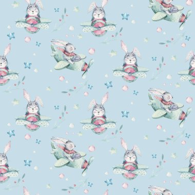 El çizimi şirin Paskalya pilot bunny suluboya karikatür bunnies uçak ve gökyüzü Tekstil desen balonla uçmak. Turkuaz suluboya Tekstil şekil