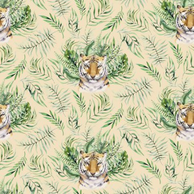 Sorunsuz suluboya hayvan kaplan desen tropikal yapraklarla kaplanlar ile aloha orman Hawaii. Palmiye yaprağı el boyalı. Tropic yaz arka plan, kağıt, tekstil veya duvar kağıdı tasarımı ile doku.