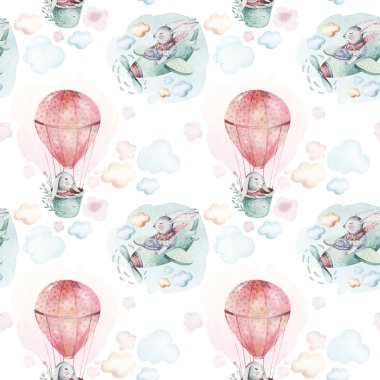 El çizimi şirin Paskalya pilot bunny suluboya karikatür bunnies uçak ve gökyüzü Tekstil desen balonla uçmak. Turkuaz suluboya Tekstil şekil