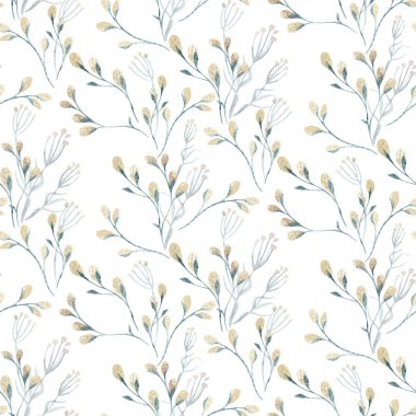 Bahar willow çiçek ve yaprakları ile Seamless modeli. Kukum şube ile Paskalya elle çizilmiş arka plan. çiçek desenli duvar kağıdı veya kumaş için.