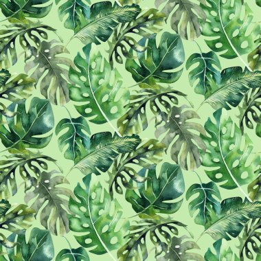 Tropikal Dikişsiz suluboya desen bırakır, aloha orman illüstrasyon. Palmiye yaprağı el boyalı. Doku kağıt, tekstil veya duvar kağıdı tasarım ambalaj arka plan olarak kullanılan tropic yaz zamanla.