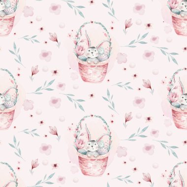 Şirin Paskalya bebeği tavşan suluboya bahar Illustration. Tavşan karikatür hayvan seamless modeli ile sepeti