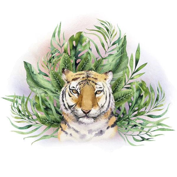 Illustrazione tigre acquerello e paradiso estivo foglie tropicali stampa giungla. Pianta di palma e fiori isolati o bianchi . — Foto Stock