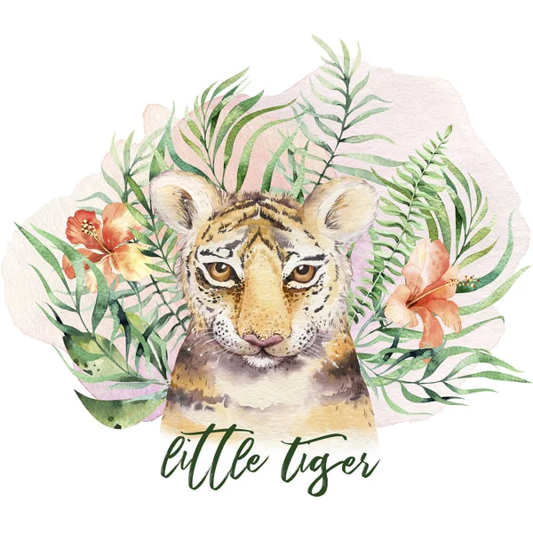 Acuarela tigre ilustración y verano paraíso tropical hojas selva impresión. Planta de palma y flor aisladas o blancas . — Foto de Stock