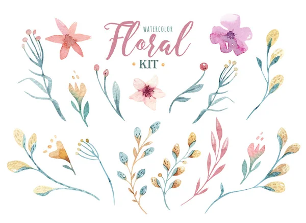 Ručně Tažené Akvarel Šťastné Velikonoce Sada Květinek Květiny Willow Designu — Stock fotografie
