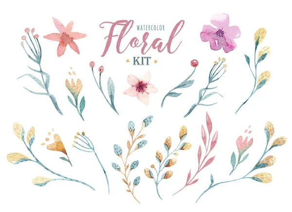 Mão Desenhada Aquarela Feliz Páscoa Conjunto Com Flores Flores Design — Fotografia de Stock