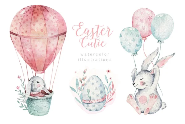 バニーデザインの手描き水彩幸せなイースターセット ウサギボヘミアンスタイル 白に隔離されたBohoイラスト かわいいウサギのウサギのイラスト デザインのために — ストック写真