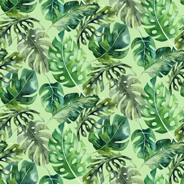 熱帯のシームレスな水彩パターン葉 アロハ ジャングルの図 手描きのヤシの葉 包装紙 テキスタイルや壁紙のデザインの背景として使用される熱帯の夏の時間を持つテクスチャー — ストック写真
