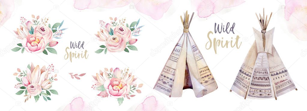 Watercolor colorful ethnic set of arrows, teepee and flowers in native American style.Tribal Navajo isolated illustration ornament on white background. Indian,