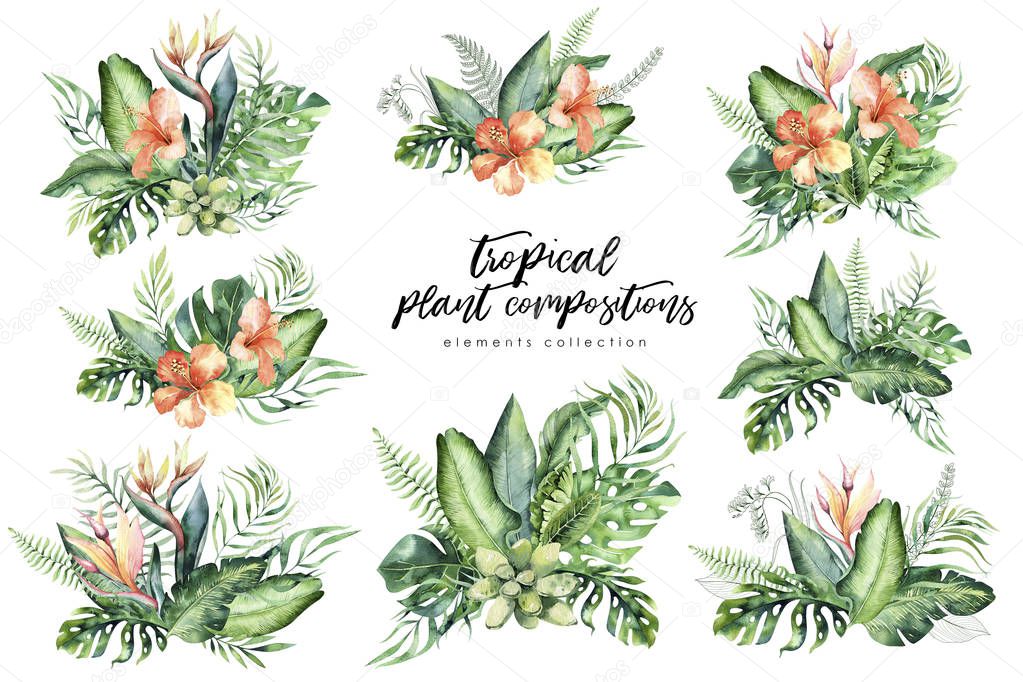 Hand drawn watercolor tropical flower bouquet composition. Exotic palm leaves, jungle tree, brazil tropic botany elements and flowers. Perfect for fabric design. Aloha collection.