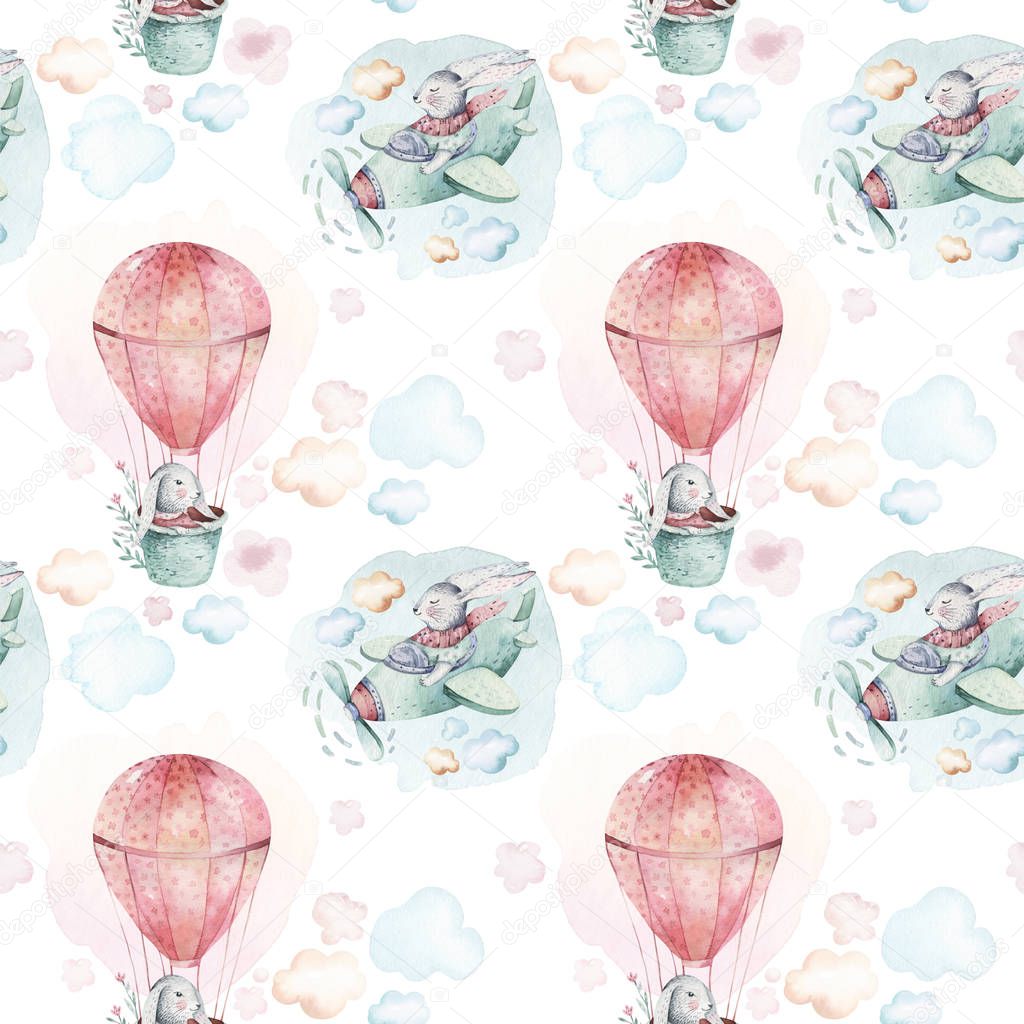 Hand drawing fly cute easter pilot bunny watercolor cartoon bunnies with airplane and balloon in the sky textile pattern. Turquoise watercolour textile illustration
