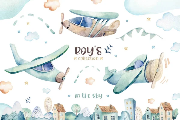 水彩设置背景插图的一个可爱和花哨的天空场景与飞机 直升机和气球 男孩模式 这是一个婴儿淋浴的插图 — 图库照片