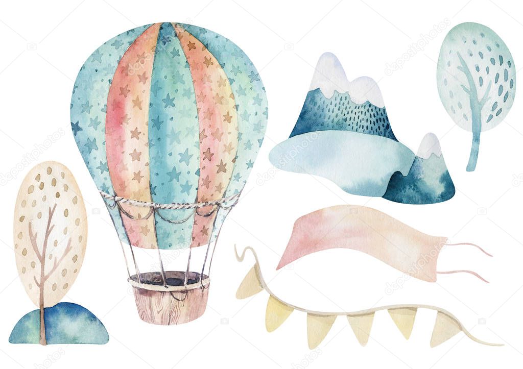 Watercolor set background illustration of a cute and fancy sky scene complete with airplanes, helicopters and balloons, clouds. Boy pattern. Its a baby shower illustration