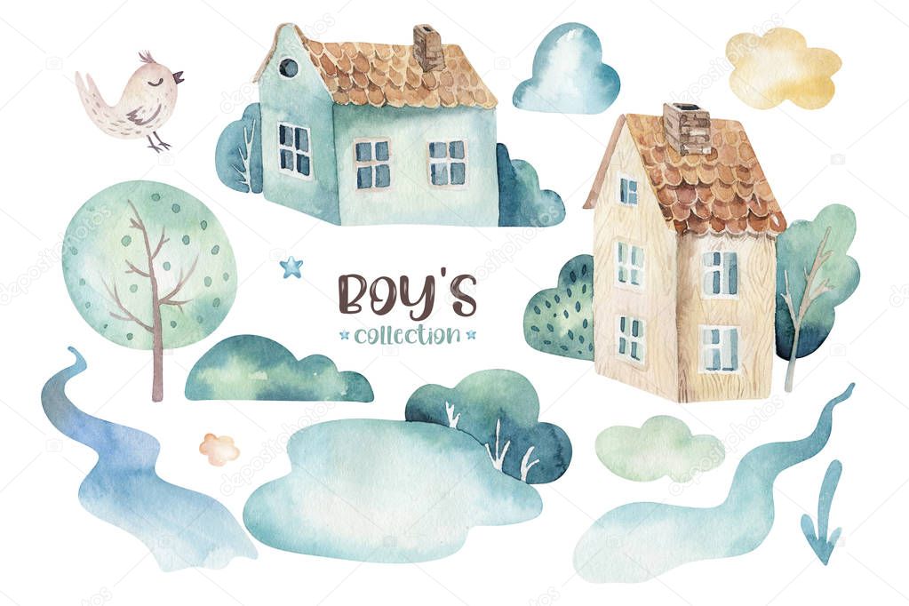 Watercolor set background illustration of a cute and fancy sky scene complete with airplanes, helicopters and balloons, clouds. Boy pattern. Its a baby shower illustration
