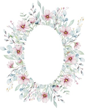 Beyaz arka plan ile suluboya tarzında çiçeği pembe kiraz çiçek çelenk. Sakura şube dekorasyon çiçeklenme yaz kümesi