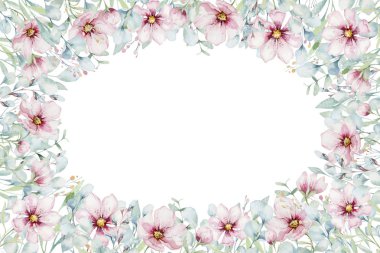 Beyaz arka plan ile suluboya tarzında çiçeği pembe kiraz çiçek çelenk. Sakura şube dekorasyon çiçeklenme yaz kümesi