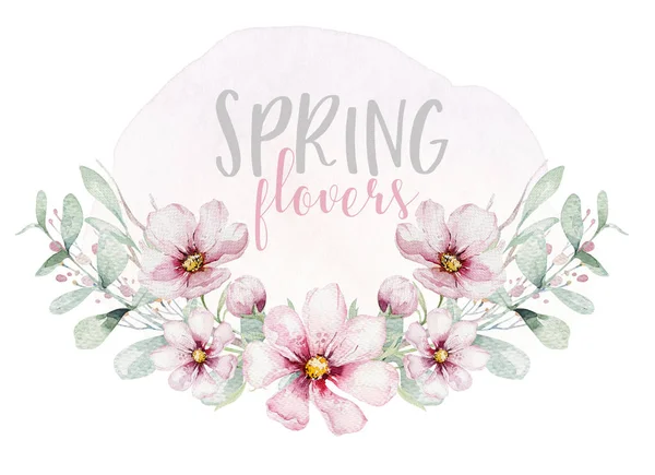 Krans Blomsterrosa Kirsebærblomster Akvarellstil Med Hvit Bakgrunn Sett Sommer Blomstrende – stockfoto